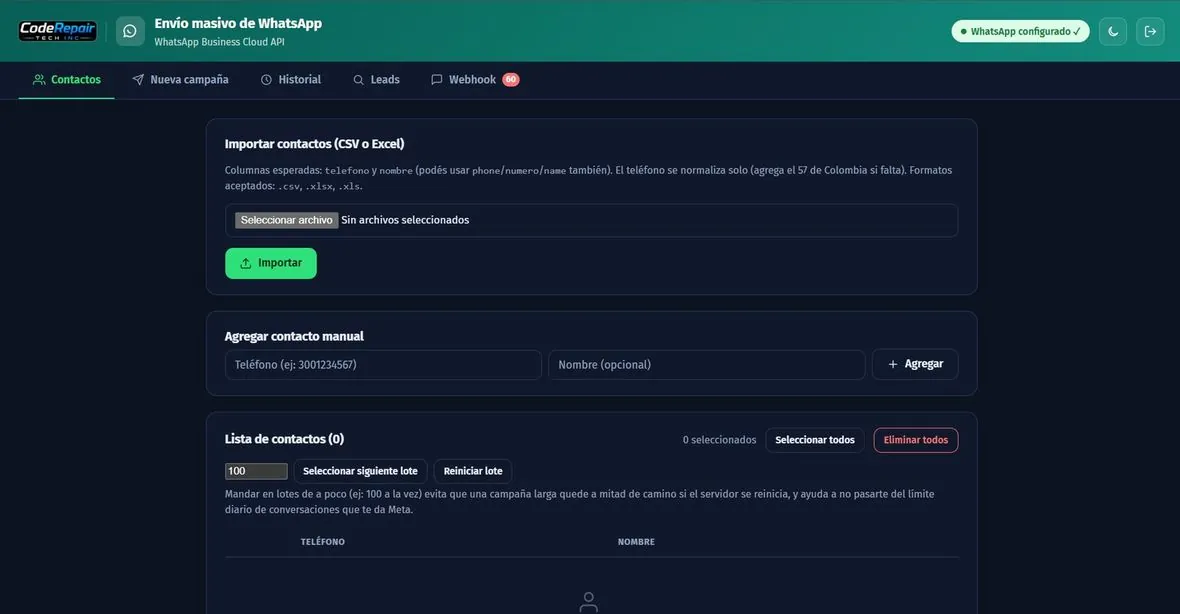 Panel de contactos y campañas de Daemon Leads
