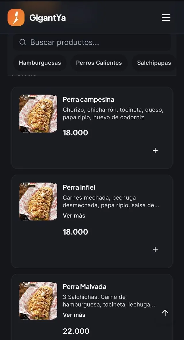 Menú de un restaurante visto en el celular
