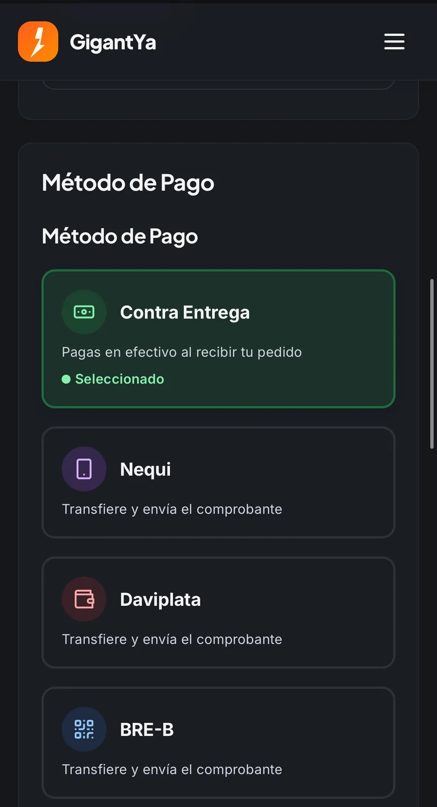 Métodos de pago disponibles en GigantYa